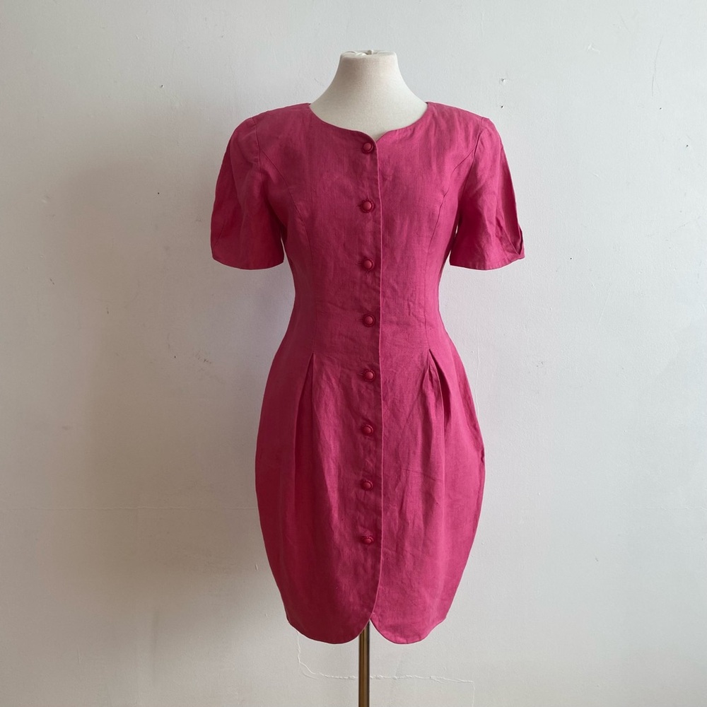 Vintage Lida Baday Pink Linen Dress 80s 90s Statement Shoulder Pads Dramatic